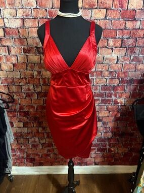 SHEIN Red Satin Bodycon Cocktail Dress | Size Large | V-Neck Party Dress